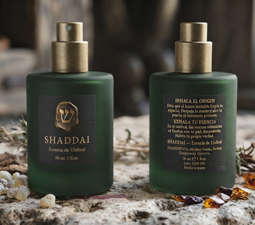Frasco de SHADDAI por delante y por detrás con la etiqueta del ritual e ingredientes