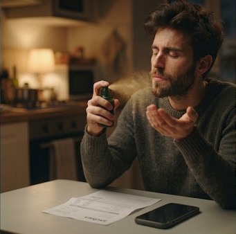 Hombre encontrando claridad en su cocina al inhalar y exhalar la esencia
