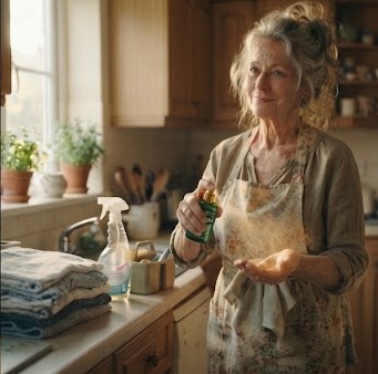 Mujer serena en su cocina inhalando su esencia SHADDAI