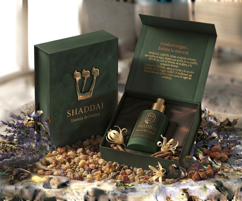 Estuche de SHADDAI abierto con el frasco en su interior, rodeado de resinas, lavanda y flores secas