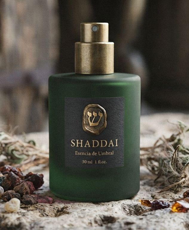 Frasco verde de SHADDAI con tapa dorada sobre piedra y resinas