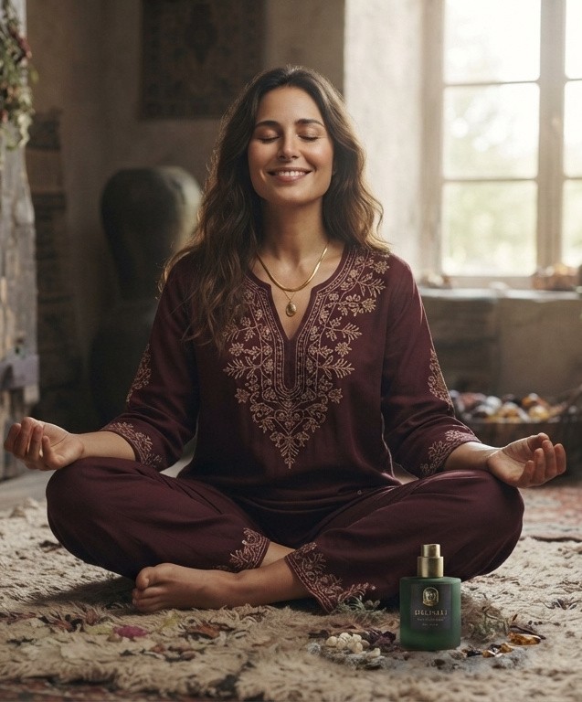 Mujer en meditación junto a la esencia SHADDAI