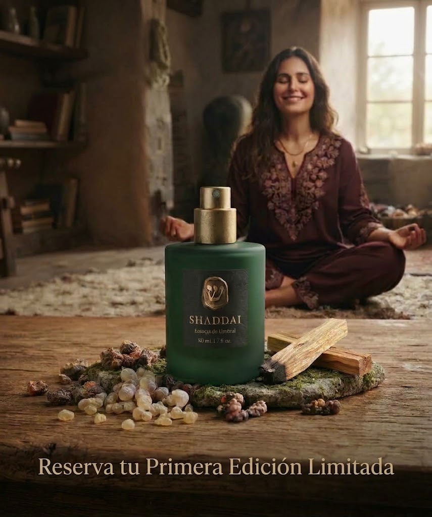 Frasco de SHADDAI con resinas y mujer meditando: reserva tu Primera Edición Limitada