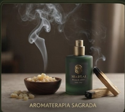 Aromaterapia sagrada: resinas humeantes junto al frasco SHADDAI