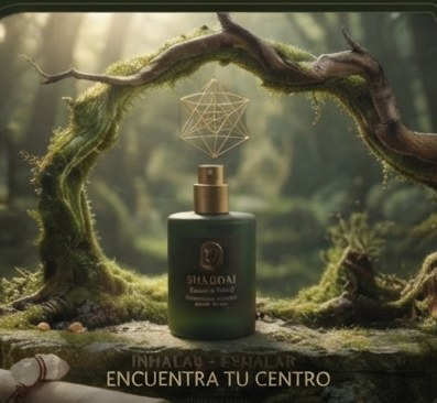 Frasco SHADDAI bajo un arco de bosque con geometría dorada: encuentra tu centro