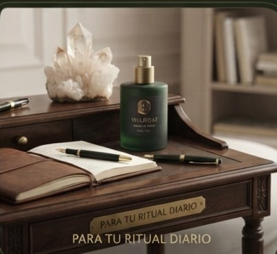 Frasco SHADDAI en el escritorio con diario y cuarzo: para tu ritual diario